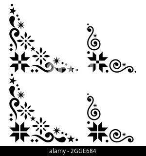 Ensemble de coins vectoriels de Noël - style scandinave, éléments de design folklorique avec flocons de neige noirs sur fond blanc Illustration de Vecteur