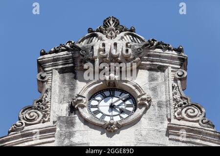 Horloge sur la façade du bâtiment, Art nouveau, 1906, Vieille ville, capitale de la Havane, Province de la Havane, grandes Antilles, Caraïbes, Cuba Banque D'Images