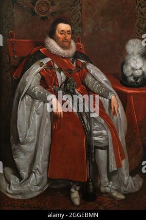 Roi James I d'Angleterre et VI d'Écosse (1566-1625). Portrait de Daniel Mytens (1590-1647/48). Huile sur toile (148,6 x 100,6 cm), 1621. Galerie nationale de portraits. Londres, Angleterre, Royaume-Uni. Banque D'Images