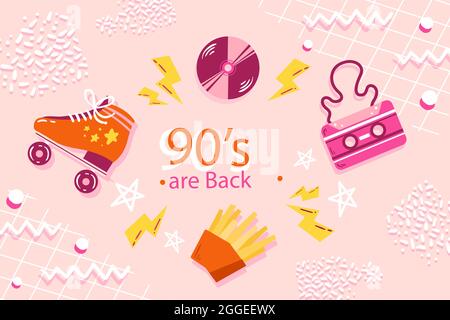 Illustration vectorielle d'arrière-plan nostalgique des années 90 dessinée à la main. Illustration de Vecteur