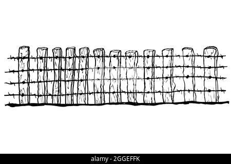 Dessin à la main vectoriel du fil barbelé et de la porte de l'arbre Illustration de Vecteur