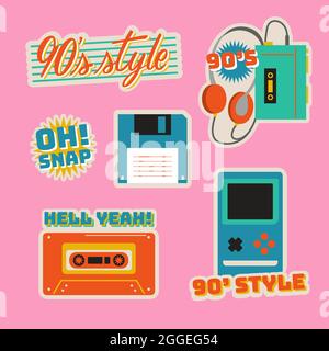Ensemble de badges nostalgiques 90 à dessin main illustration vectorielle. Illustration de Vecteur
