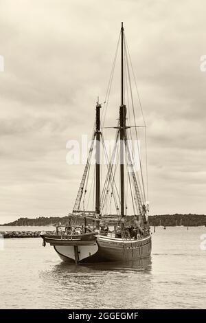 Queen Galadriel navire à Poole Harbour, Dorset Royaume-Uni en août - Sepia Banque D'Images