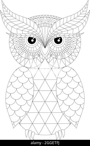 Vector - page de coloriage pour les adultes et les enfants plus âgés. Page de coloriage avec joli hibou et cadre fleuri. Dessin de contour. Doodle décoratif vectoriel. Illustration de Vecteur