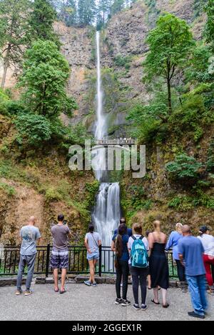 Les touristes apprécient les chutes de Multnomah. Cascade Locks, Oregon, États-Unis. Banque D'Images