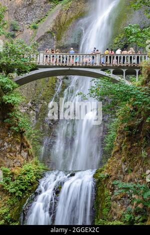 Les touristes apprécient les chutes de Multnomah. Cascade Locks, Oregon, États-Unis. Banque D'Images