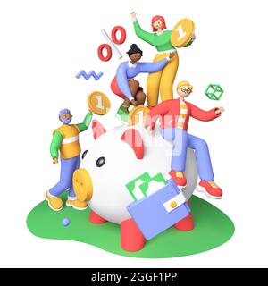 Économisez de l'argent - des personnages hauts en couleur de style dessin animé de style 3D. Les gens joyeux mettent des pièces dans une banque de pigeons, et des billets dans un portefeuille. Avantage, m Banque D'Images