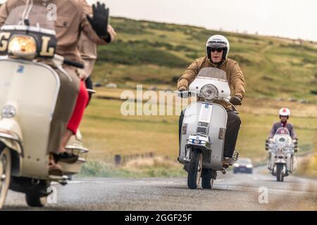 Les Mods se rendent à Beachy Head dans leur édition annuelle de Bank Holiday, hommage au film de l'OMS Quadrophenia qui y a eu sa finale. Beachy Head, East Sussex, Banque D'Images