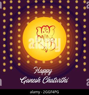 Affiche de Ganesh Chaturthi heureux. Contour de Dieu Ganesh. Fond coloré décoré de fleurs et de cercles Illustration de Vecteur