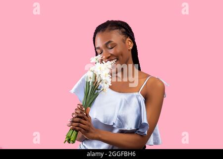 Femme noire millénaire qui sent un tas de jonquilles sur fond de studio rose. Femme afro-américaine insouciante recevant un bouquet de fleurs de narcisse, Banque D'Images