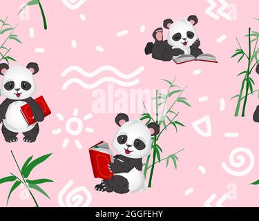 Motif sans couture pour lire un petit panda sur fond rose. Illustration vectorielle de style dessin animé Illustration de Vecteur