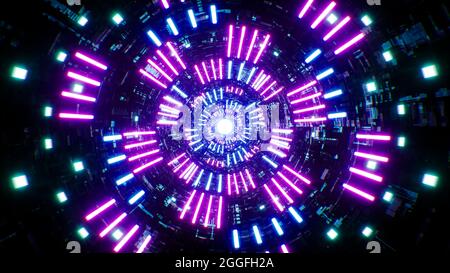 Le faisceau lumineux violet et bleu se déploie dans le tunnel texturé Sci fi Banque D'Images