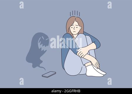 Cyberintimidation et abus dans Internet concept. Jeune fille triste déprimé personnage de dessin animé assis regardant sur le smartphone avec monstre volant au-dessus de lui illustration vectorielle Illustration de Vecteur