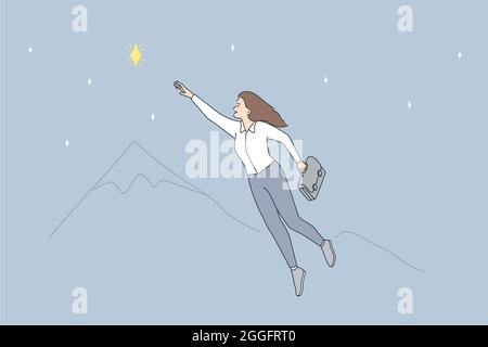 Opportunités et concept de leadership d'entreprise. Jeune femme d'affaires souriante personnage de dessin animé volant aller à atteindre star volant dans l'illustration de vecteur d'air Illustration de Vecteur