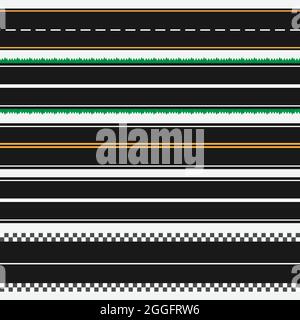 Jeu de modèles de routes en asphalte droites. Arrière-plan de la route sans couture. Différents types de routes. Piste. Route de l'herbe. Vecteur Illustration de Vecteur
