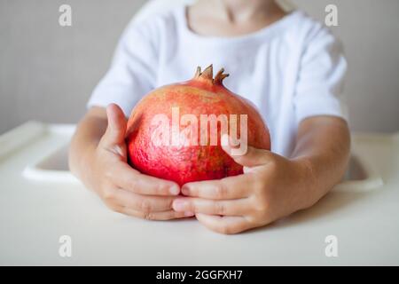 Fruits de grenade dans les mains d'un petit enfant gros plan. Le symbole de la nouvelle année juive. Rosh Hashana. Banque D'Images