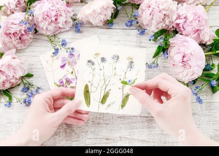 Carte postale faite à la main avec des fleurs séchées et des pivoines roses fraîches. Style rétro Banque D'Images