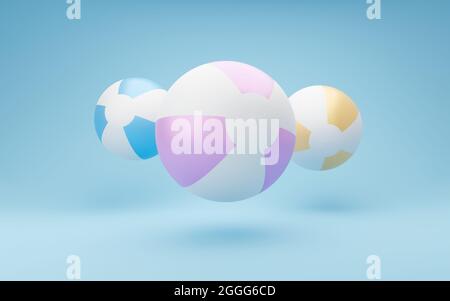illustration 3d de trois beach ball. concept minimal avec espace de copie. Arrière-plan beige d'été avec boules de plage gonflables, rendu 3D minimal de l'illustration Banque D'Images