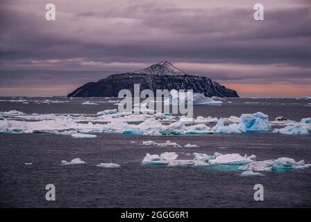 Paysage de l'île Paulet, vue de la mer avec icebergs, Antartica Banque D'Images