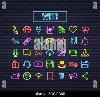 Jeu d'icônes Web néon. Entreprise. Icône E-mail. Chat vidéo. Illustration du stock vectoriel. Illustration de Vecteur