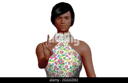 Rendu 3D d'un portrait d'une femme ou d'une fille noire souriant et tenant deux doigts pour former un signe de paix.Elle porte un haut à motif fleuri et coloré. Banque D'Images