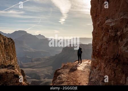 La femelle Backpacker se trouve sur le bord de la South Kaibab Trail dans le parc national du Grand Canyon Banque D'Images