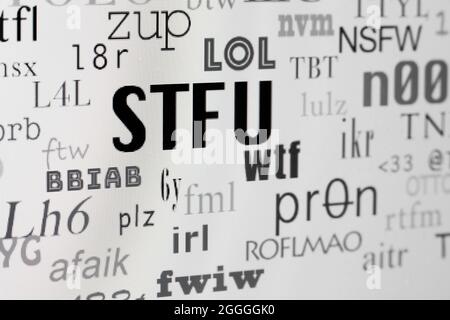 STFU et autres acronymes Internet couramment utilisés à l'écran (argot Internet, argot texte, acronyme texte) - USA Banque D'Images