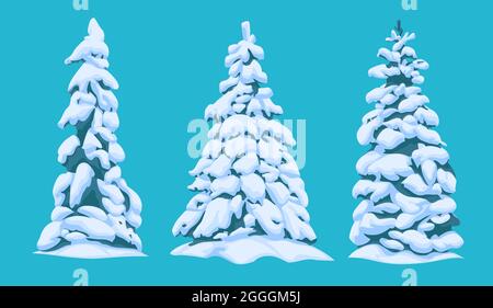 Un ensemble de différents arbres de Noël enneigés dans le style d'une bande dessinée pour un paysage. Illustration vectorielle. Illustration de Vecteur
