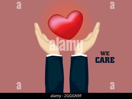 Les mains dans un costume d'affaires portant le symbole de coeur rouge avec le texte « We Care ». Illustration de dessin animé vectoriel pour le concept de responsabilité sociale d'entreprise. Illustration de Vecteur