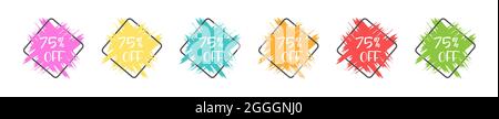 ensemble d'autocollants de couleur avec remise de 75 % pour les activités commerciales, les ventes, la promotion publicitaire, les autocollants et les étiquettes. Style plat Illustration de Vecteur