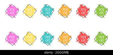 ensemble d'autocollants de couleur avec une remise de 70 et 75 % pour les affaires, les ventes, la promotion publicitaire, les autocollants et les étiquettes. Style plat Illustration de Vecteur
