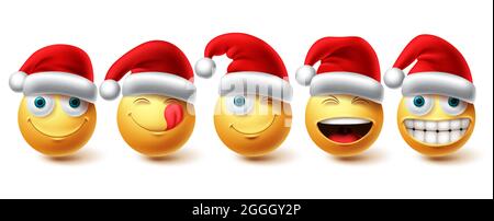 Ensemble de vecteurs Smiley de Noël. Emoji xmas personnages portant santa Red Hat Icon collection isolée dans un fond blanc pour les éléments de conception graphique. Illustration de Vecteur