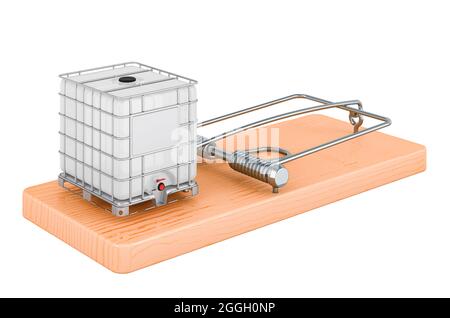 Conteneur d'eau en vrac intermédiaire à l'intérieur de mousetrap, rendu 3D isolé sur fond blanc Banque D'Images