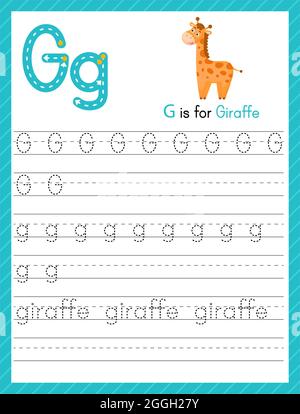 Tracer la lettre G en majuscules et en minuscules. Feuille de travail préscolaire de pratique de traçage d'alphabet pour les enfants apprenant l'anglais avec mignon animal de dessin animé. Page activité Illustration de Vecteur