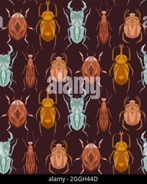 Motif sans couture avec insectes géométriques dans la rangée sur fond marron. Texture vectorielle avec scarabée géométrique, fourmis volant, coccinelle en colo beige rétro Illustration de Vecteur