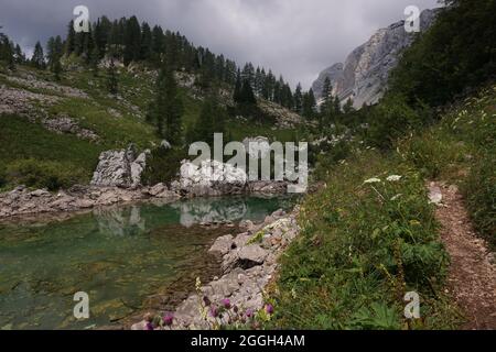 Petit sentier le long d'un étang réfléchissant sur la randonnée de la vallée des sept lacs, Slovénie 2020 Banque D'Images