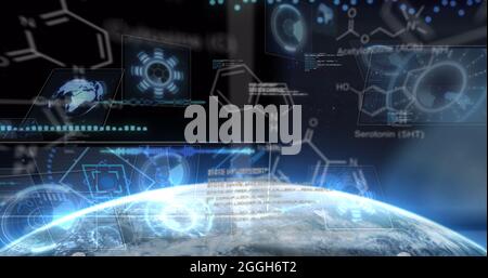 Image du traitement de données scientifiques et de l'acquisition d'oscilloscopes sur des écrans au-dessus du globe et du soleil Banque D'Images