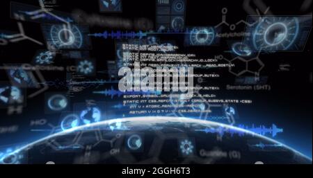 Image du traitement de données scientifiques et de l'acquisition d'oscilloscopes sur des écrans au-dessus du globe et du soleil Banque D'Images