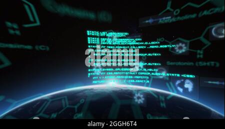 Image du traitement de données scientifiques et de l'acquisition d'oscilloscopes sur des écrans au-dessus du globe et du soleil Banque D'Images