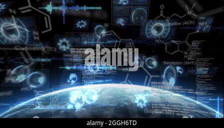 Image du traitement de données scientifiques et de l'acquisition d'oscilloscopes sur des écrans au-dessus du globe et du soleil Banque D'Images