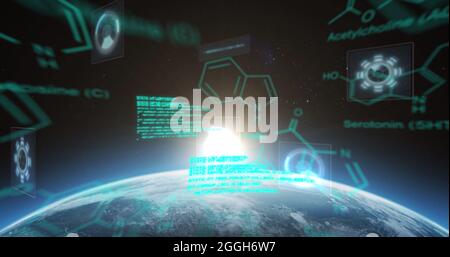 Image du traitement de données scientifiques et de l'acquisition d'oscilloscopes sur des écrans au-dessus du globe et du soleil Banque D'Images
