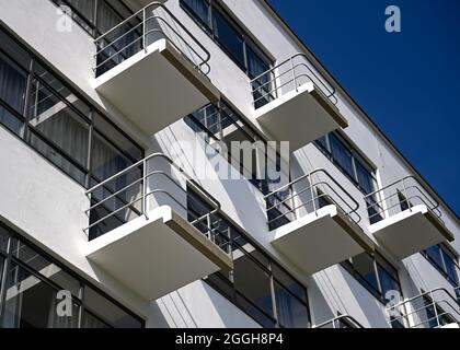 01 septembre 2021, Saxe-Anhalt, Dessau-Roßlau : des ombres sont projetées par les balcons historiques du Bauhaus à Dessau. Depuis 01.09.2021, la Fondation Bauhaus Dessau a un nouveau directeur. Photo: Hendrik Schmidt/dpa-Zentralbild/ZB Banque D'Images