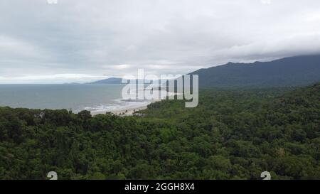 Une belle image de brume sur les collines avec la mer dans la spectaculaire forêt tropicale de Daintree. Prise à cape Tribulation Banque D'Images