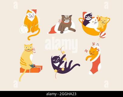 Ensemble d'illustrations vectorielles de jolis chats de noël célébrant les vacances d'hiver. Noël humeur de vacances Illustration de Vecteur