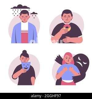 Jeu de personnes plates avec des problèmes de santé mentale Illustration vectorielle. Illustration de Vecteur