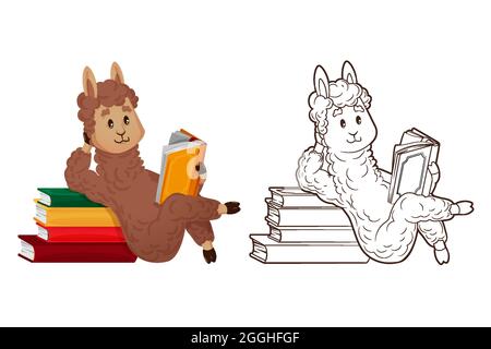 Livre de coloriage, le joli lama est en train de lire couché, s'appuyant sur une pile de livres. Illustration vectorielle de style dessin animé, dessin au trait, plat Illustration de Vecteur