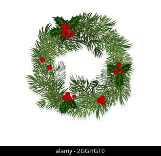 Couronne de Noël en branches d'épinette décorée de feuilles et de baies de houx. Illustration vectorielle de style plat, isolée sur fond blanc Illustration de Vecteur