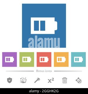 La moitié de la batterie avec deux unités de charge alternent les icônes blanches plates sur fond carré. 6 icônes bonus incluses. Illustration de Vecteur