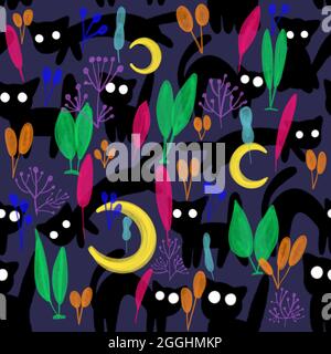 Motif Halloween sans couture avec des chats noirs mystérieux et des plantes aquarelles Banque D'Images
