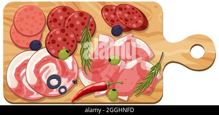 Différentes viandes froides sur un plateau, isolées sur un fond blanc Illustration de Vecteur
